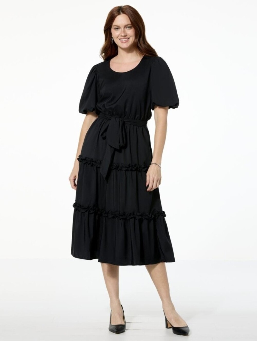 Badgley Mischka Black Macie Puff Sleeve Tiered Dress M NWT